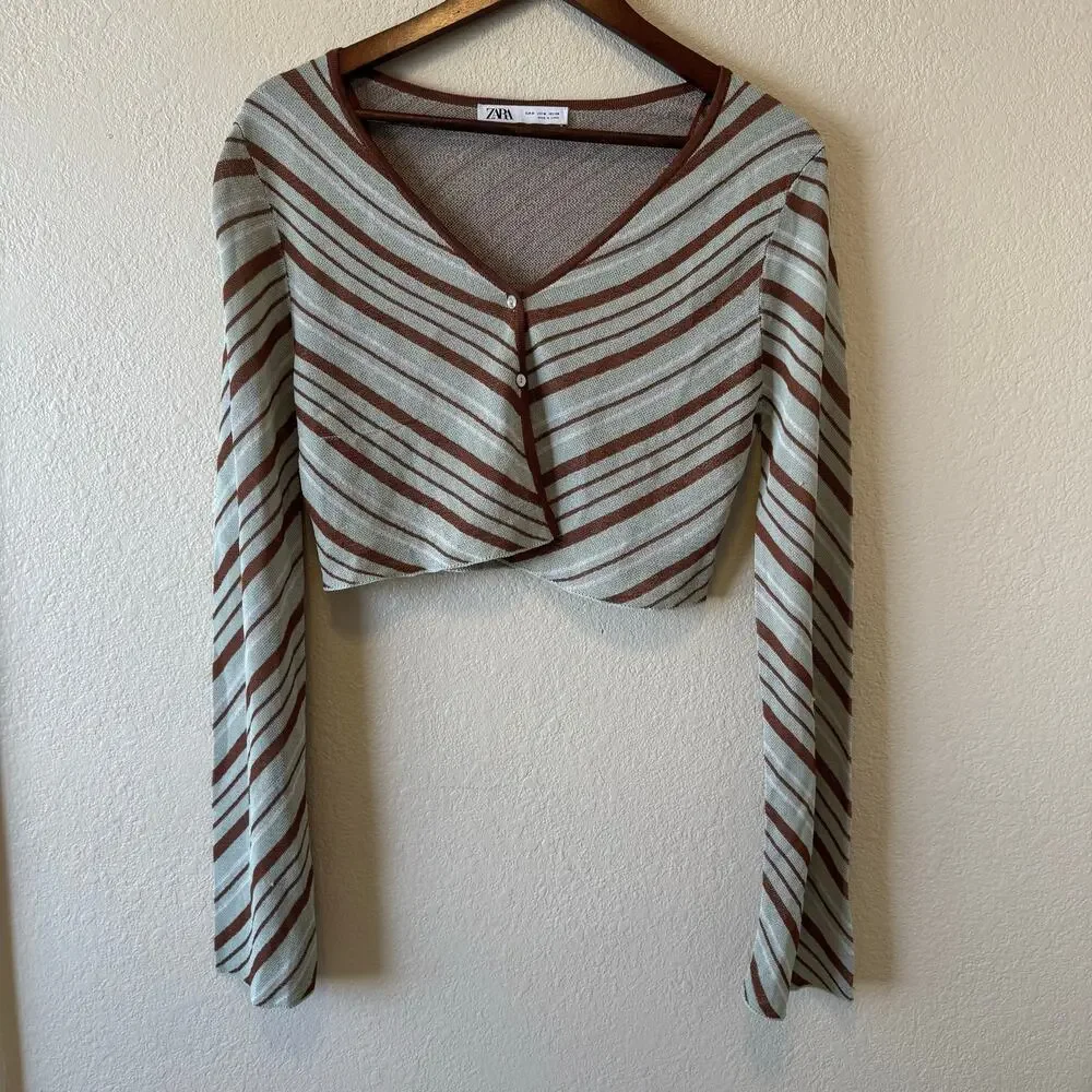 Zara Brown Cream Striped Cropped Long Sleeve Knit Top Size M